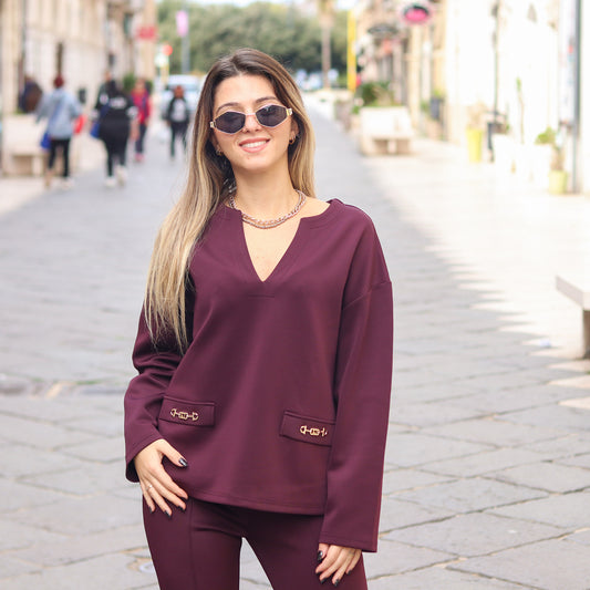 felpa da  donna con scollo a v Gaudì bordeaux
